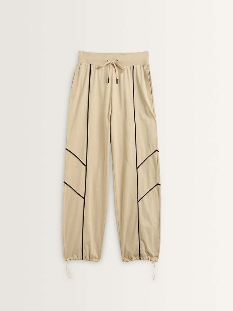 Studiofit Beige Textured Contrast-Detailed Mid-Rise Cotton Track Pants