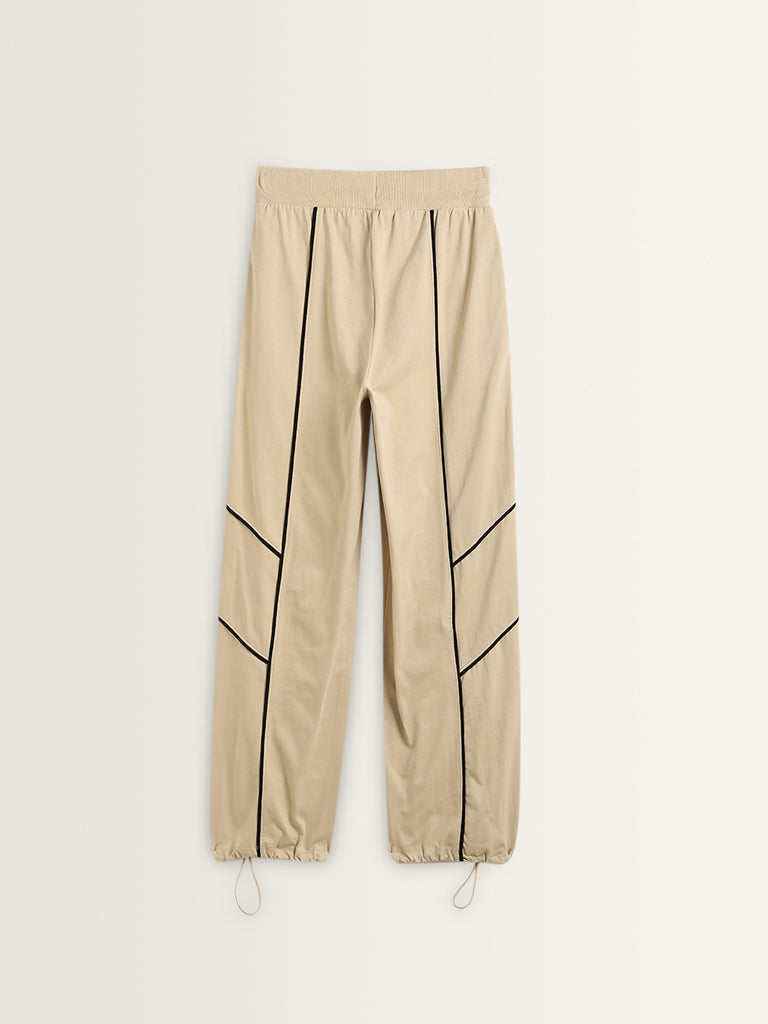 Studiofit Beige Textured Contrast-Detailed Mid-Rise Cotton Track Pants