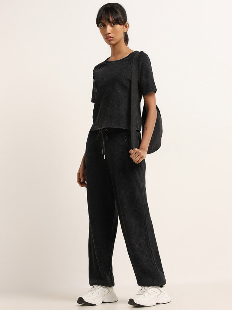 Studiofit Black Waffle Textured High-Rise Cotton Track Pants