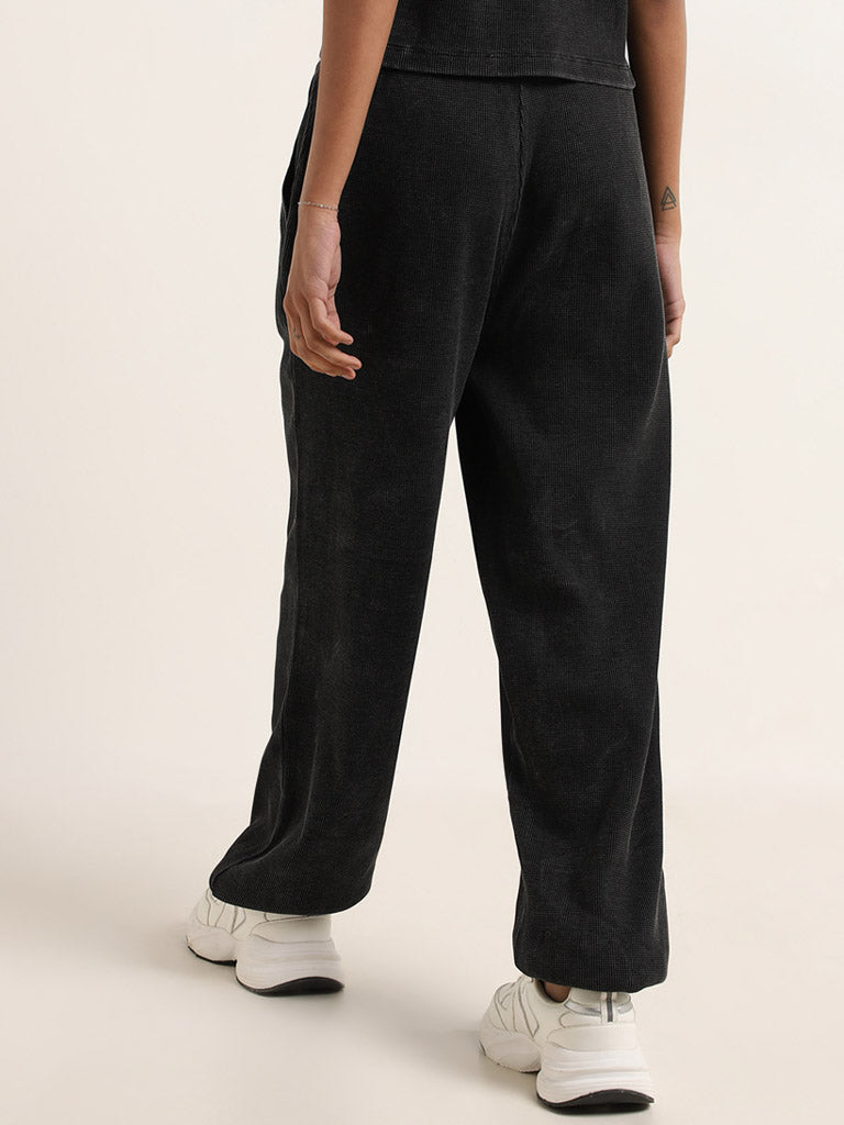 Studiofit Black Waffle Textured High-Rise Cotton Track Pants