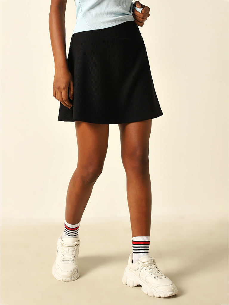 Studiofit Black Ribbed High-Rise Skirt