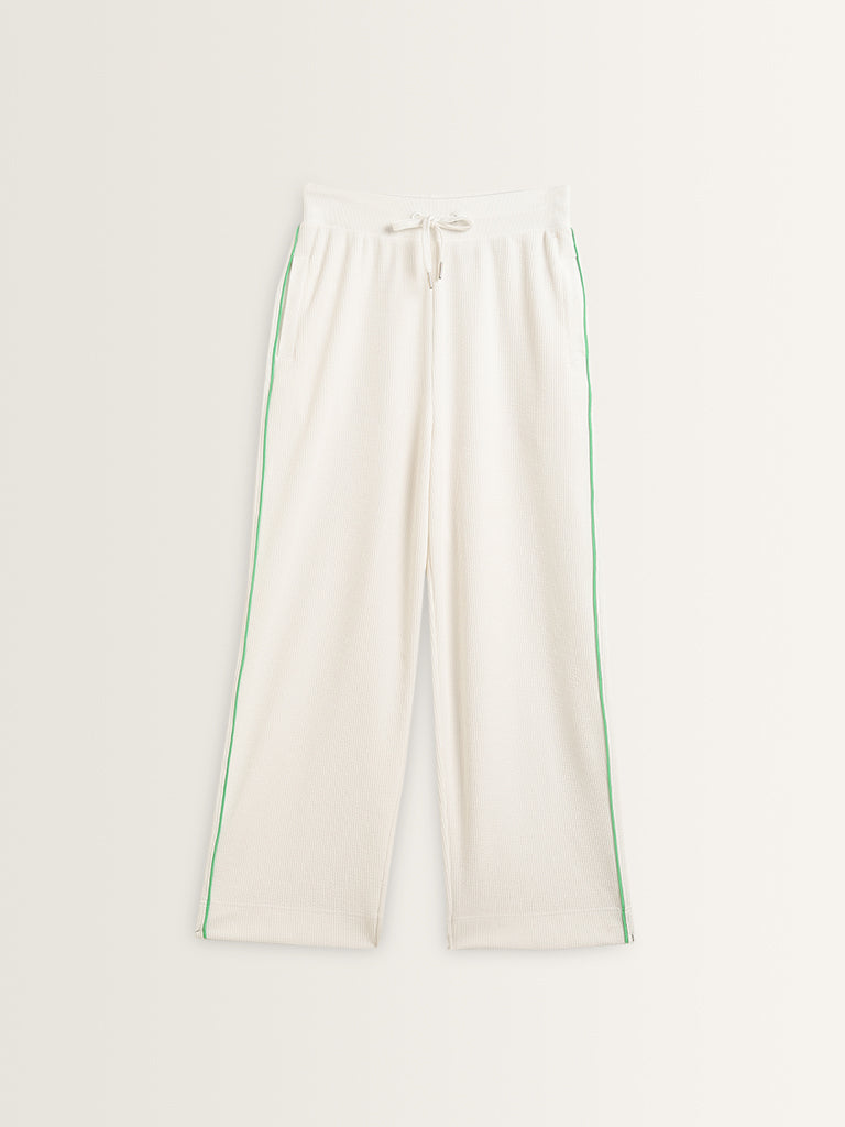 Studiofit White Ribbed Mid-Rise Cotton Blend Track Pants