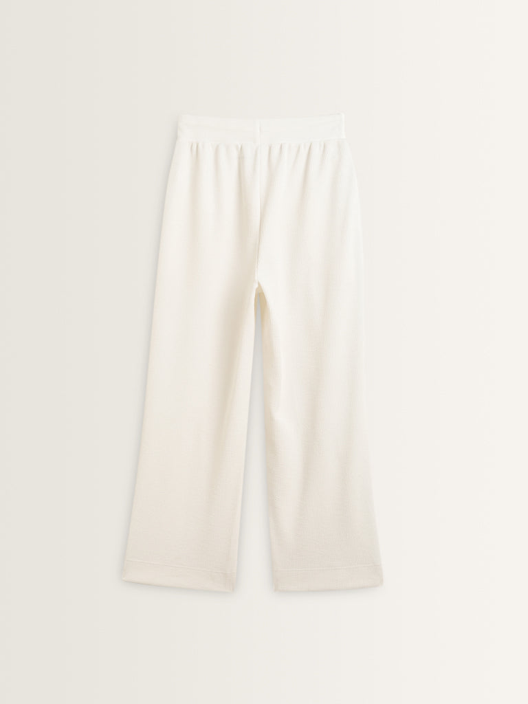 Studiofit White Ribbed Mid-Rise Cotton Blend Track Pants