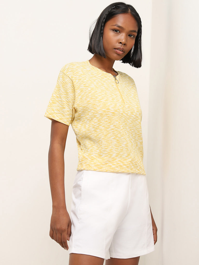 Studiofit Yellow Abstract Design Ribbed T-Shirt