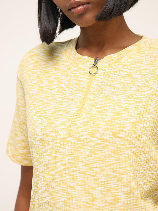 Studiofit Yellow Abstract Design Ribbed T-Shirt