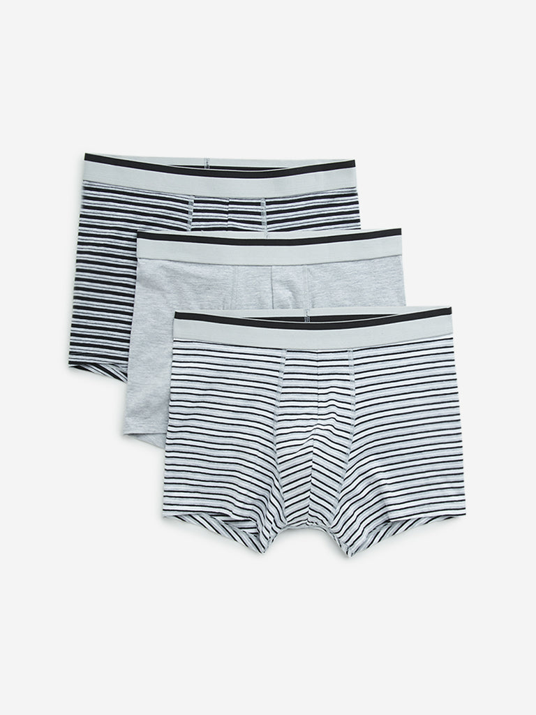 WES Lounge Grey Striped Cotton Blend Trunks - Pack of 3