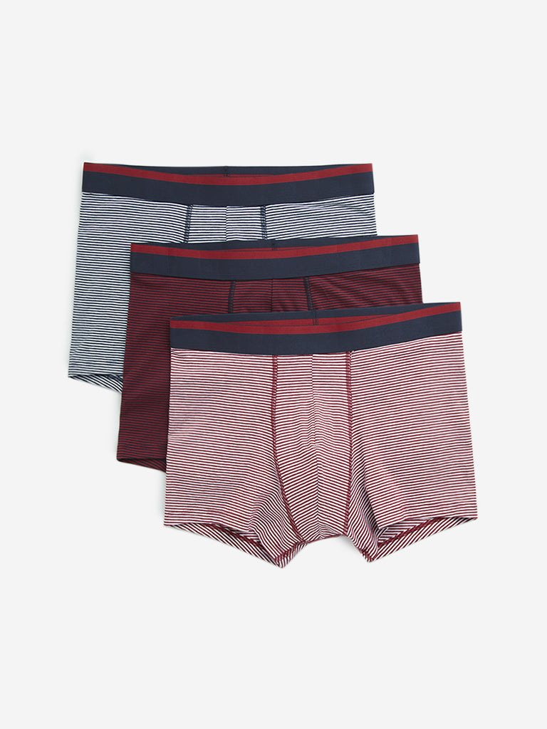 WES Lounge Red Striped Cotton Blend Trunks - Pack of 3