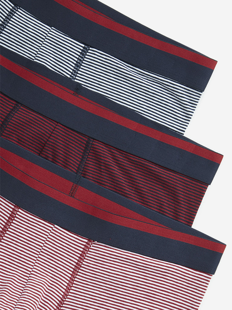 WES Lounge Red Striped Cotton Blend Trunks - Pack of 3