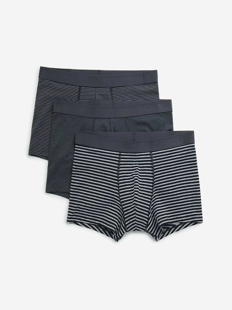 WES Lounge Black Striped Cotton Blend Trunks - Pack of 3