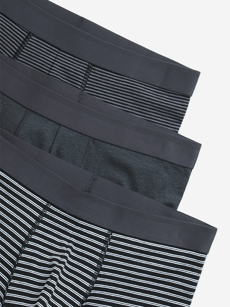 WES Lounge Black Striped Cotton Blend Trunks - Pack of 3