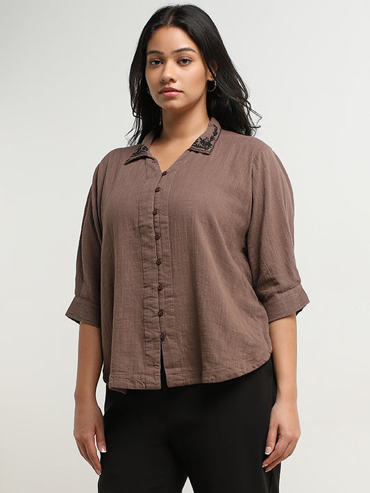 Gia Brown Embroidered High-Low Cotton Blouse