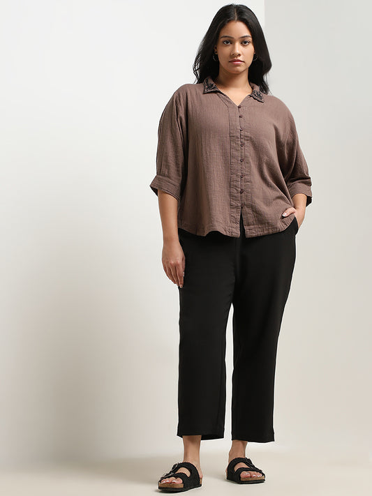 Gia Brown Embroidered High-Low Cotton Blouse