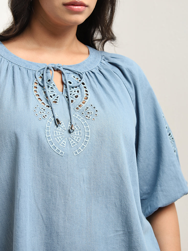 Gia Light Blue Cut-Out Detailed Cotton Blouse