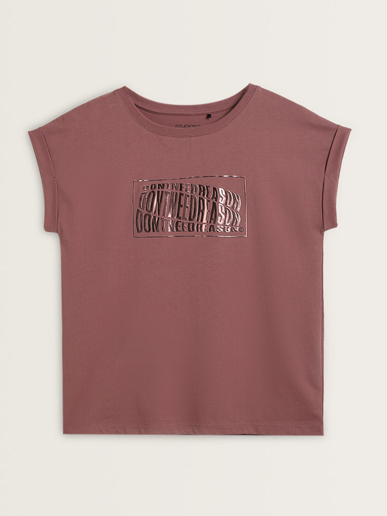 Studiofit Mauve Text Design Cotton T-Shirt