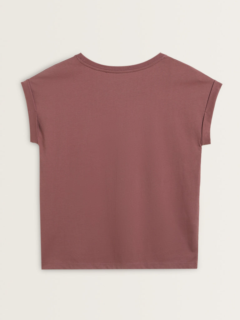 Studiofit Mauve Text Design Cotton T-Shirt