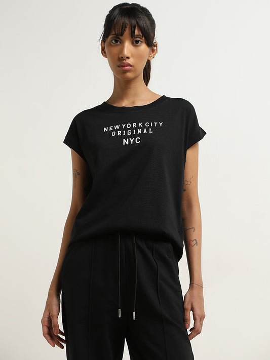 Studiofit Black Text Printed Cotton T-Shirt