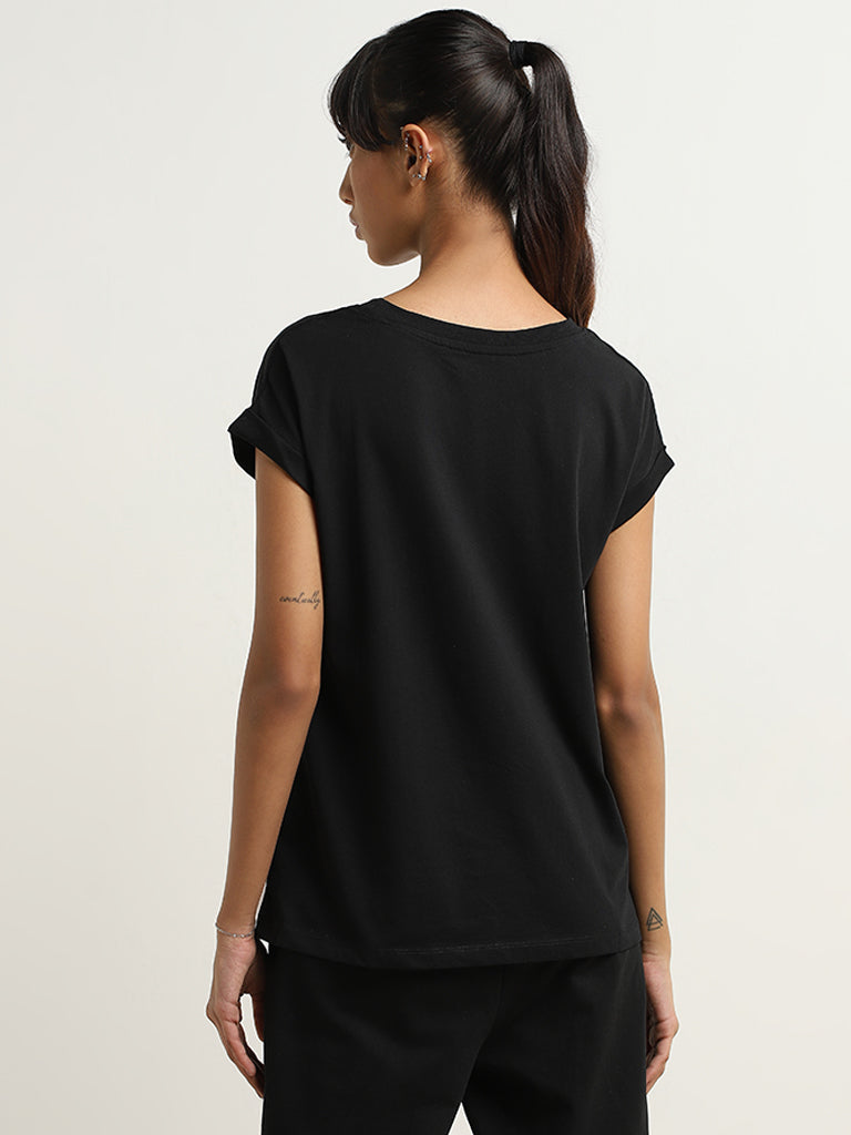 Studiofit Black Text Printed Cotton T-Shirt