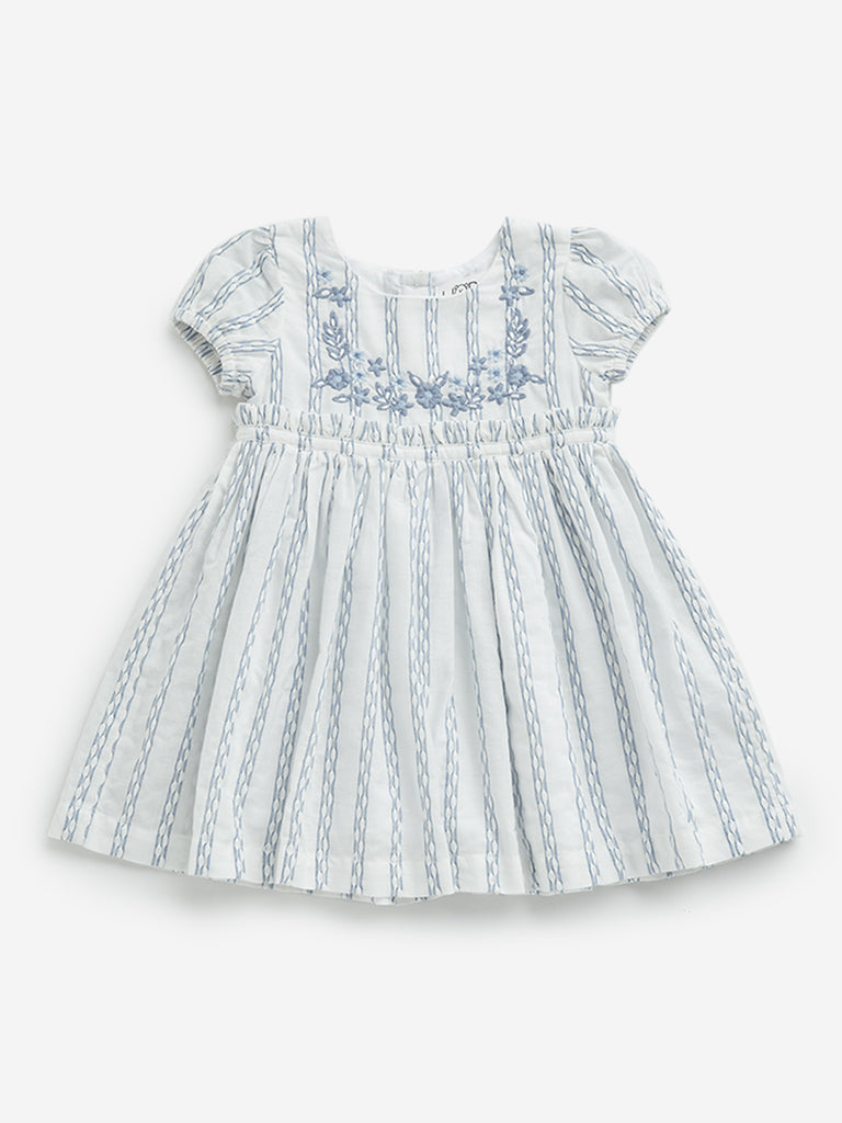 HOP Baby White Floral Embroidered A-Line Cotton Dress