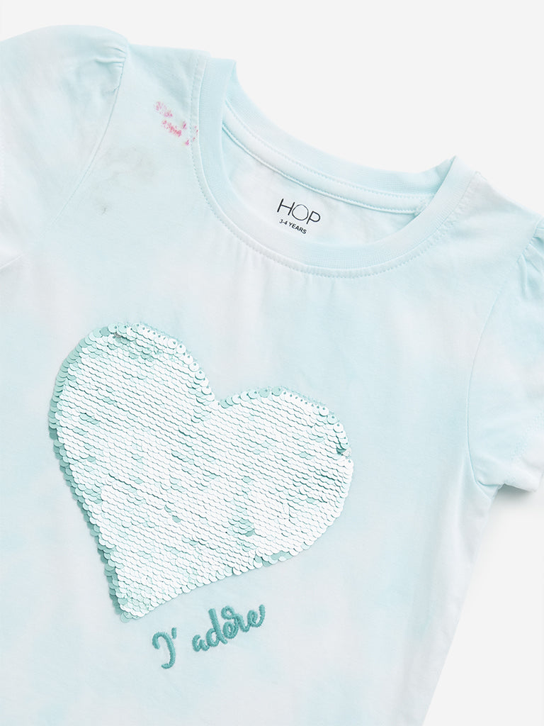 HOP Kids Mint Heart Sequin Design Cotton T-Shirt