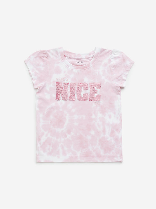 HOP Kids Pink Typographic Tie-Dye Printed Cotton T-Shirt
