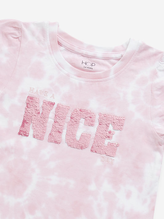 HOP Kids Pink Typographic Tie-Dye Printed Cotton T-Shirt