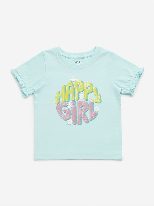 HOP Kids Mint Text Printed Cotton T-Shirt