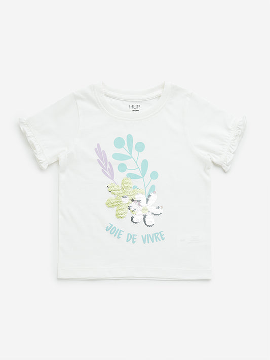 HOP Kids White Floral Embellished Cotton T-Shirt