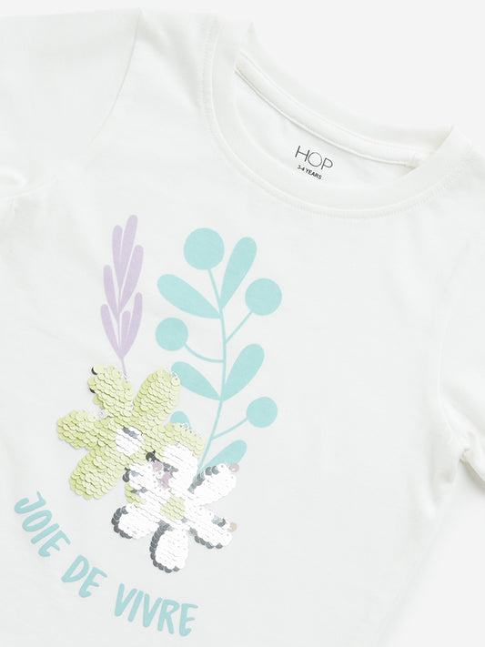 HOP Kids White Floral Embellished Cotton T-Shirt