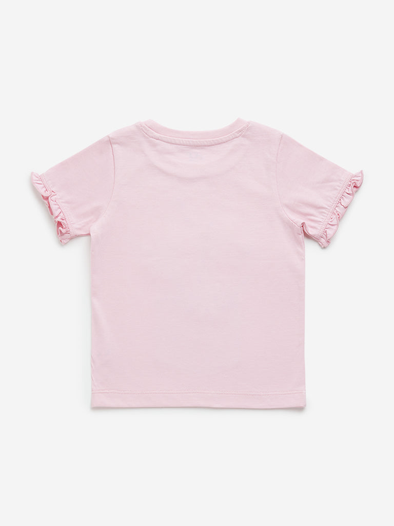 HOP Kids Pink Floral Embroidered Cotton T-Shirt