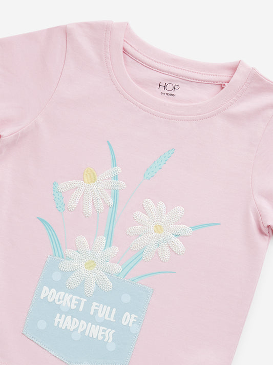 HOP Kids Pink Floral Embroidered Cotton T-Shirt