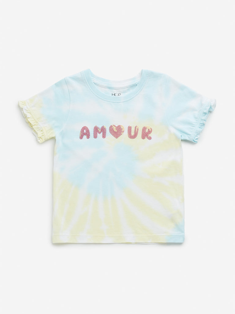 HOP Kids Yellow & Mint Tie-Dye Text Embellished Cotton T-Shirt