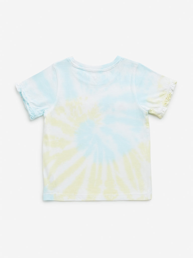 HOP Kids Yellow & Mint Tie-Dye Text Embellished Cotton T-Shirt