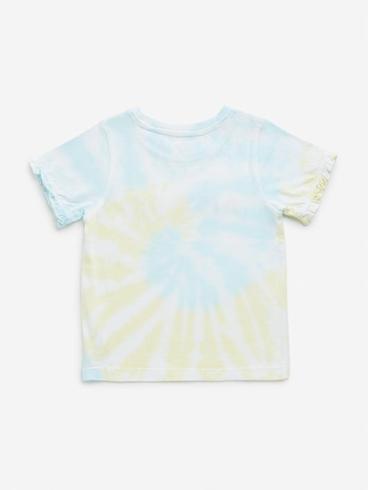 HOP Kids Yellow & Mint Tie-Dye Text Embellished Cotton T-Shirt