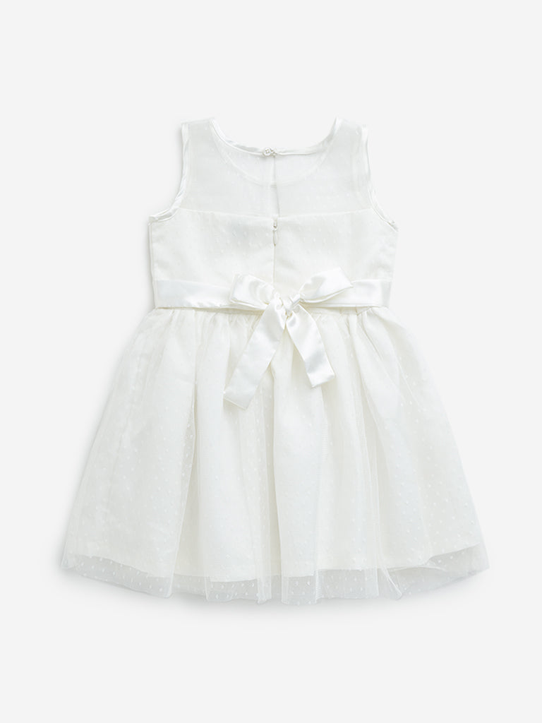 HOP Kids Off-White Bow Applique A-Line Mesh Dress