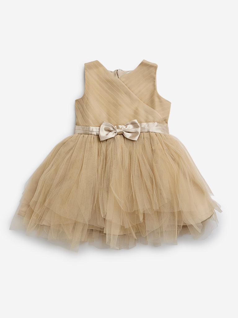 HOP Kids Beige Bow Design Mesh A-Line Dress