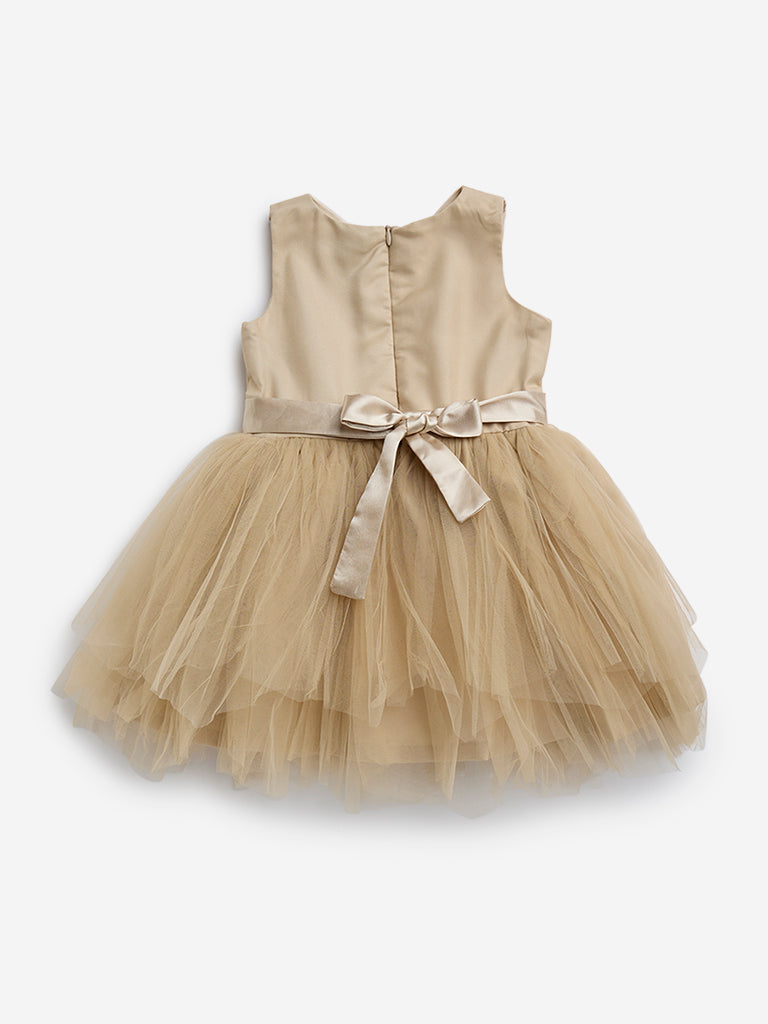 HOP Kids Beige Bow Design Mesh A-Line Dress