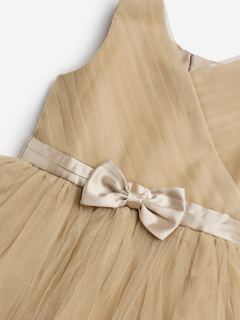 HOP Kids Beige Bow Design Mesh A-Line Dress