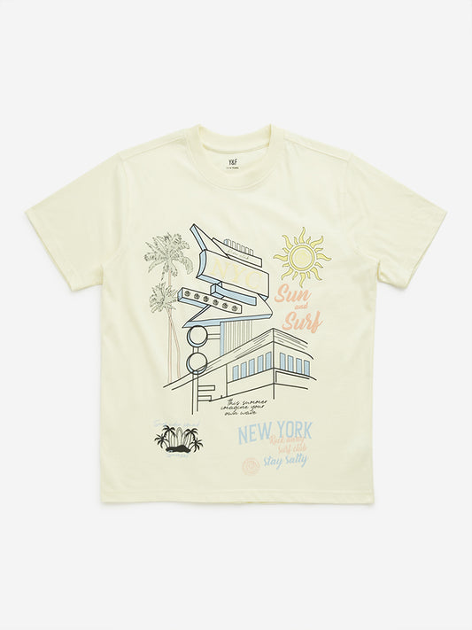 Y&F Kids Light Yellow Printed Cotton T-Shirt