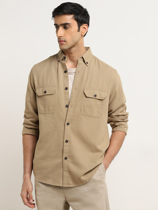 WES Casuals Khaki Solid Relaxed-Fit Shirt