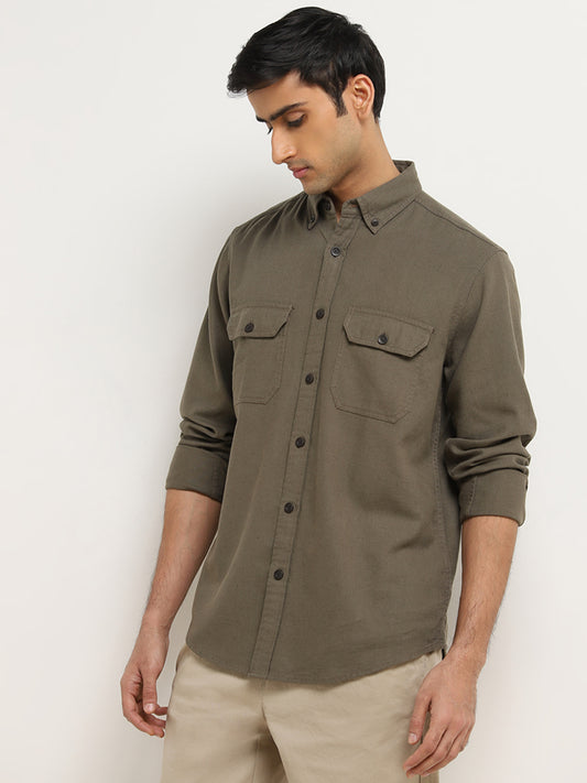 WES Casuals Olive Solid Relaxed-Fit Shirt