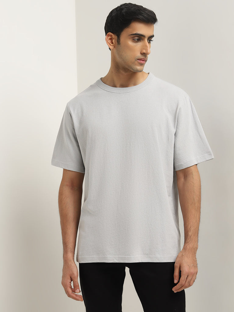 WES Casuals Light Grey Solid Relaxed-Fit Cotton T-Shirt