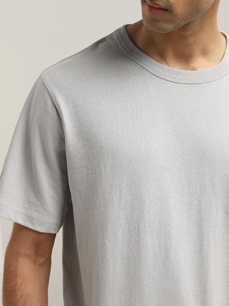 WES Casuals Light Grey Solid Relaxed-Fit Cotton T-Shirt