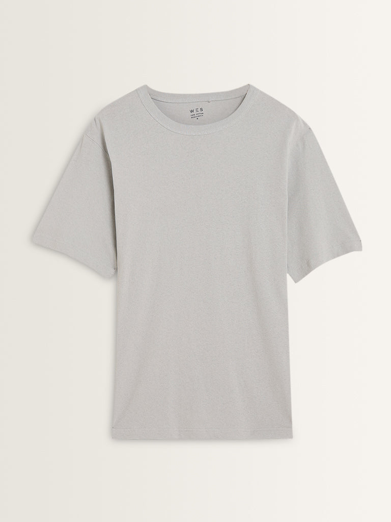 WES Casuals Light Grey Solid Relaxed-Fit Cotton T-Shirt