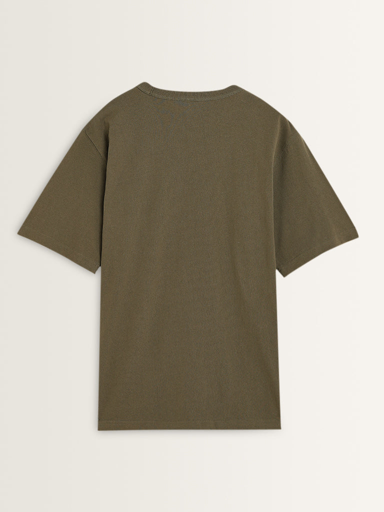 WES Casuals Olive Solid Relaxed-Fit Cotton T-Shirt