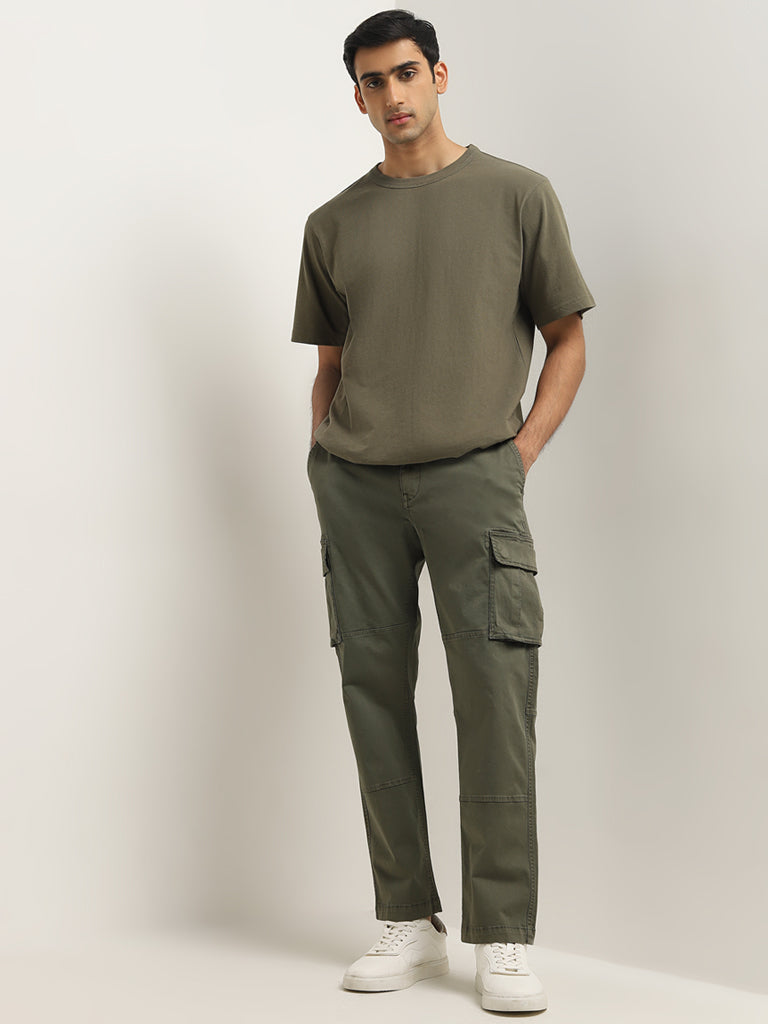 WES Casuals Olive Solid Relaxed-Fit Cotton T-Shirt