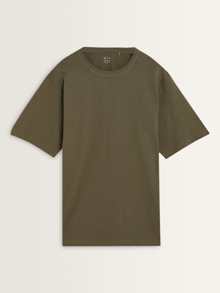 WES Casuals Olive Solid Relaxed-Fit Cotton T-Shirt