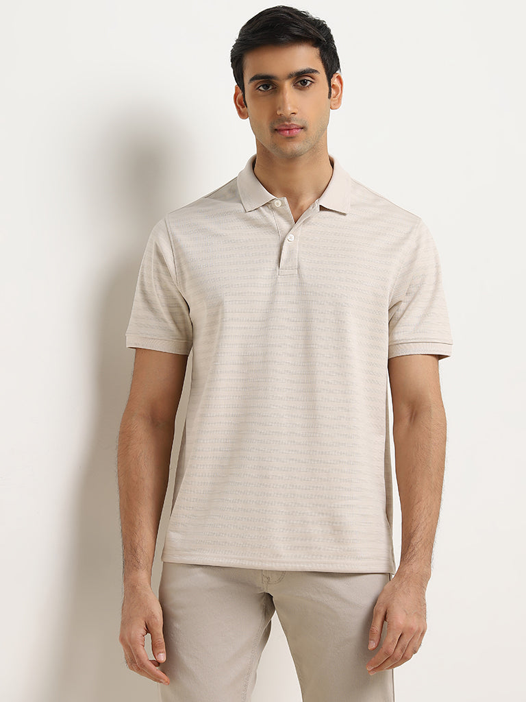 WES Casuals Beige Striped Relaxed-Fit Polo T-Shirt