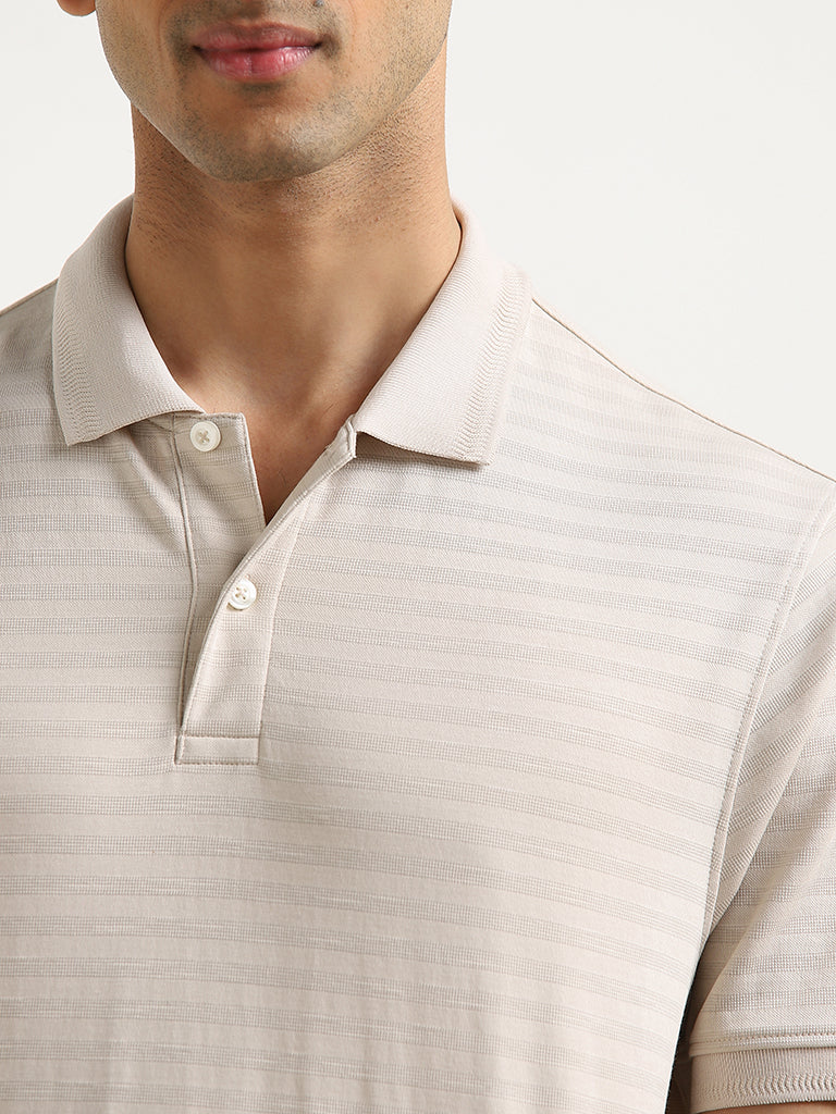 WES Casuals Beige Striped Relaxed-Fit Polo T-Shirt