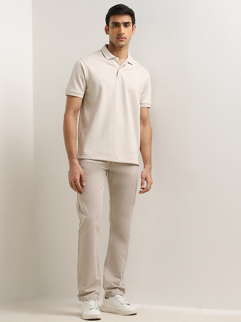 WES Casuals Beige Striped Relaxed-Fit Polo T-Shirt