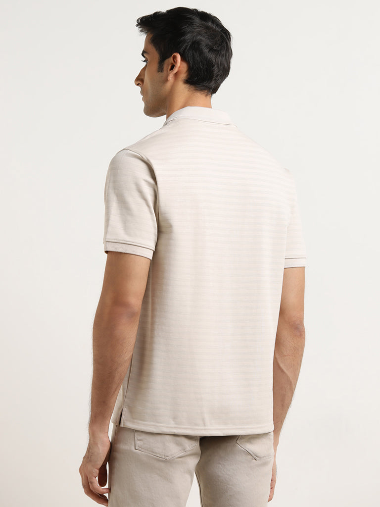 WES Casuals Beige Striped Relaxed-Fit Polo T-Shirt